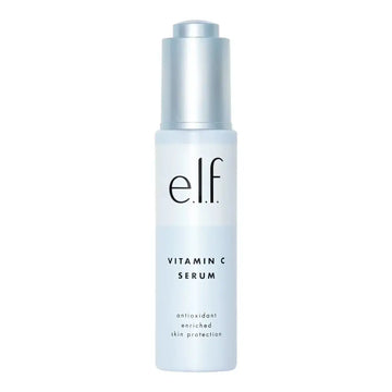 A sleek translucent light blue bottle with silver pump top and elf branding for beauty shield vitamin c pollution prevention serum