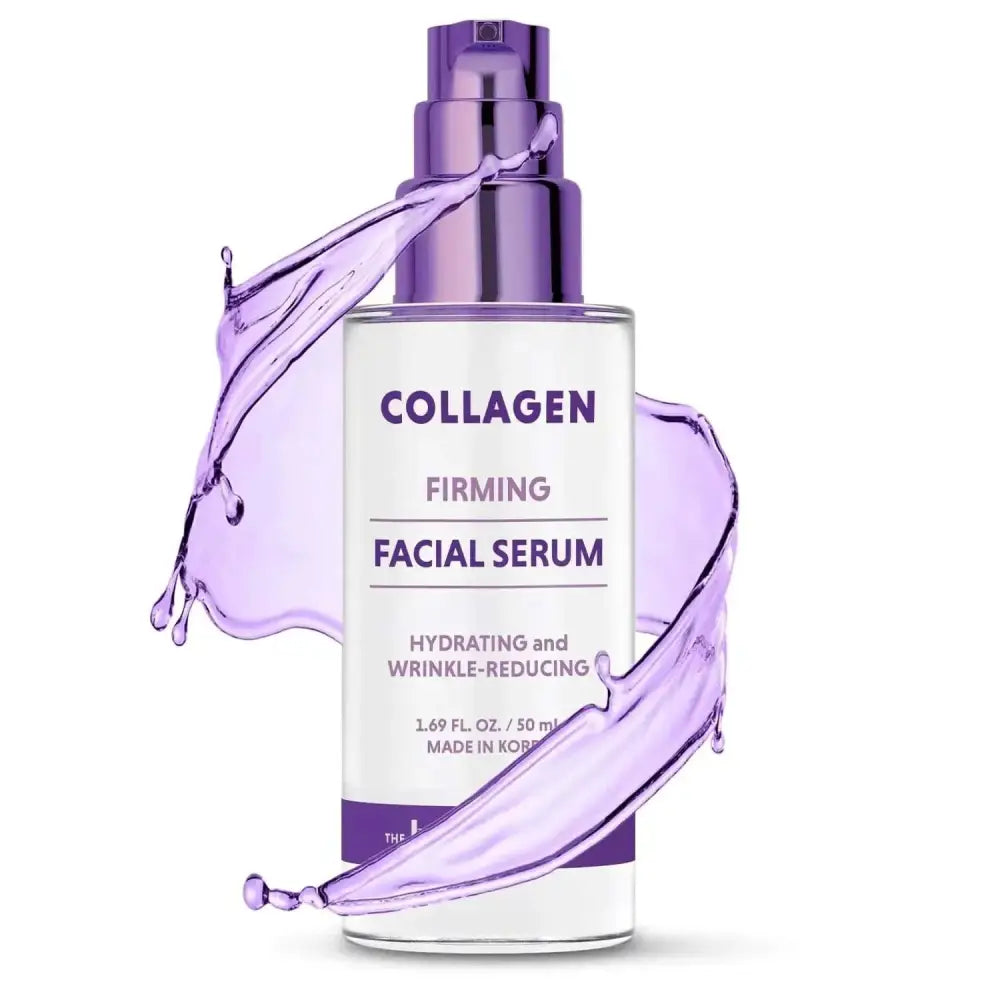 A sleek transparent bottle with metallic purple pump containing beauty standard collagen face serum with natural clean ingredients