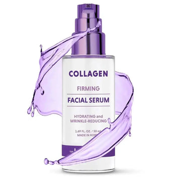 A sleek transparent bottle with metallic purple pump containing beauty standard collagen face serum with natural clean ingredients