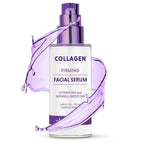 A sleek transparent bottle with a metallic purple pump containing beauty standard collagen face serum with natural clean ingredients