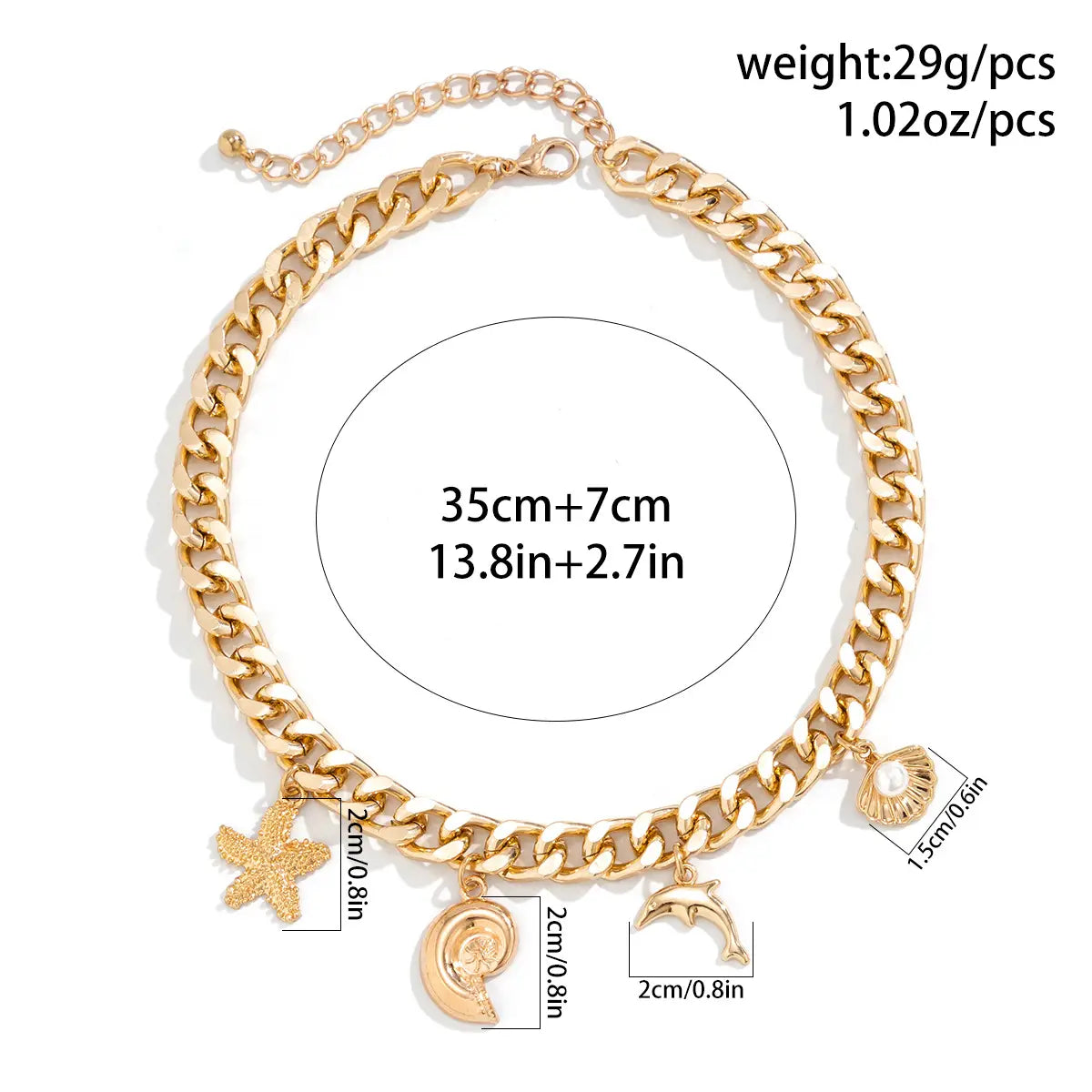 Gold-toned curb chain bracelet set adorned with conch dolphin starfish and seashell charms from boho choker necklace collection.