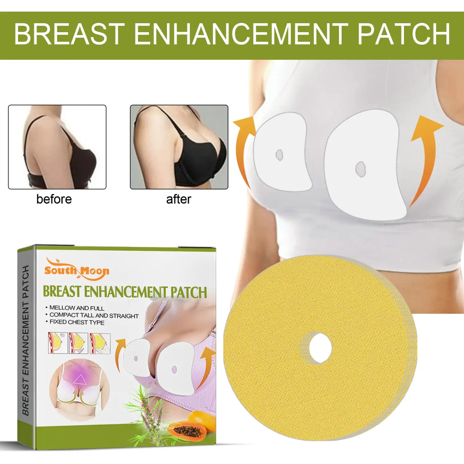yellow circular breast enhancement patches with a central hole and soft textured surface for lifting and firming