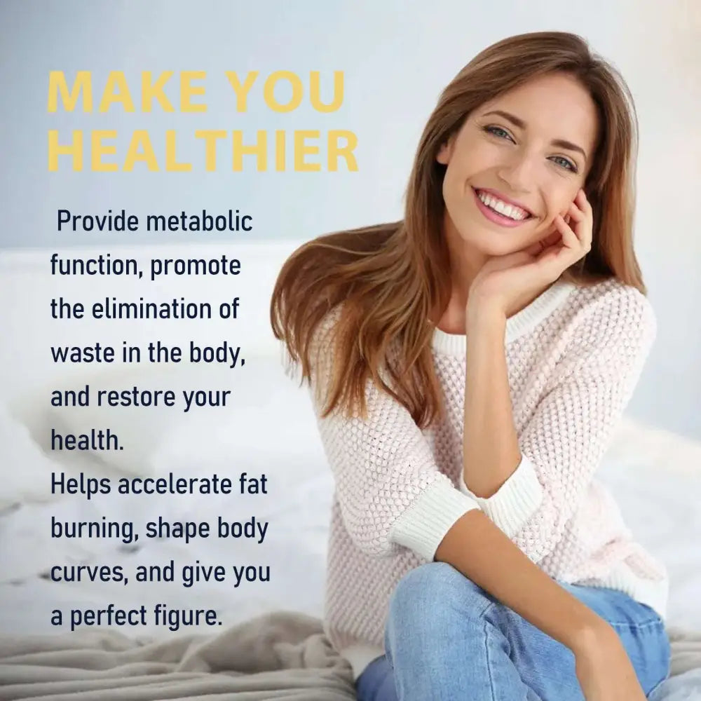A woman wearing a light pink knitted sweater and blue jeans showcasing bee venom lymphatic body sculpting patch 30 pieces