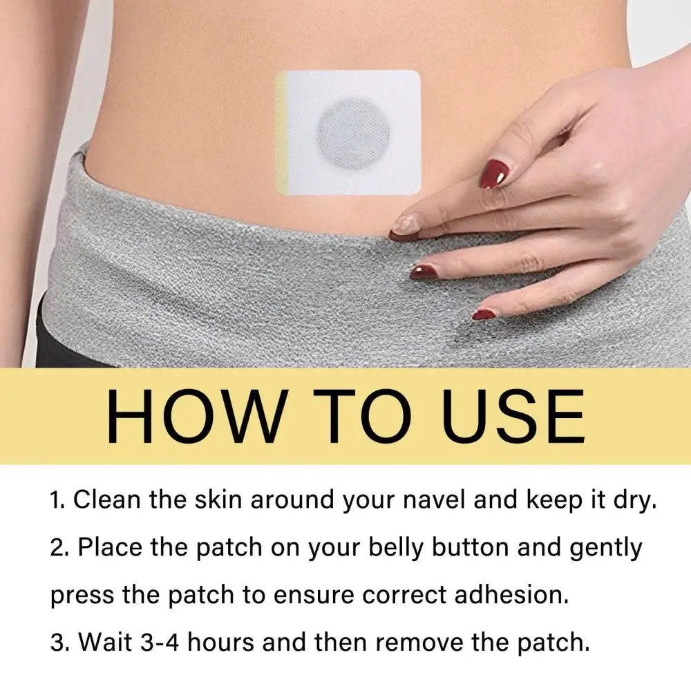A white adhesive bee venom lymphatic slimming patch with a gray center applied to the navel for body tightening