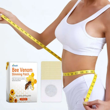 White rectangular box labeled bee venom slimming patch with bee and honeycomb graphics and a single patch for body tightening lymphatic slimming patch