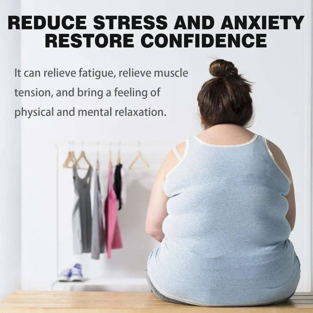 A woman wearing a light blue ribbed tank top sits on wood showcasing the bee venom lymphatic slimming patch for body tightening