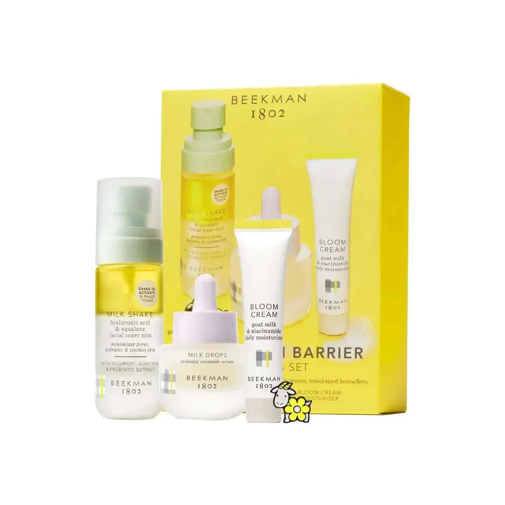 Beekman 1802 goat milk minis kid skincare set with vibrant yellow bloom barrier box and four clinically kind products