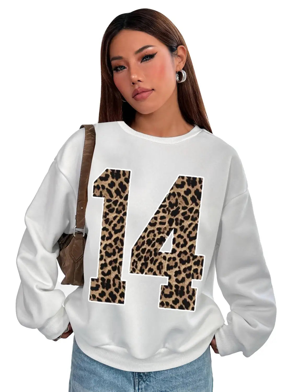 white crew neck sweatshirt featuring a bold black leopard-print number 14 on the front