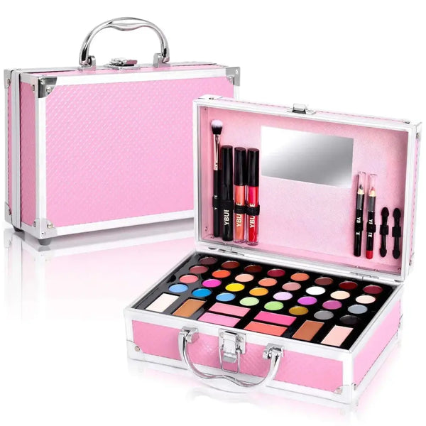 Pink cosmetic case beginner makeup kit with 32 colors eyeshadow palette lip gloss lip liner and mirror inside