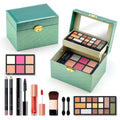 Teal textured beginner makeup kit with lockable case featuring mirrored interior and pcs lip cosmetics and brushes