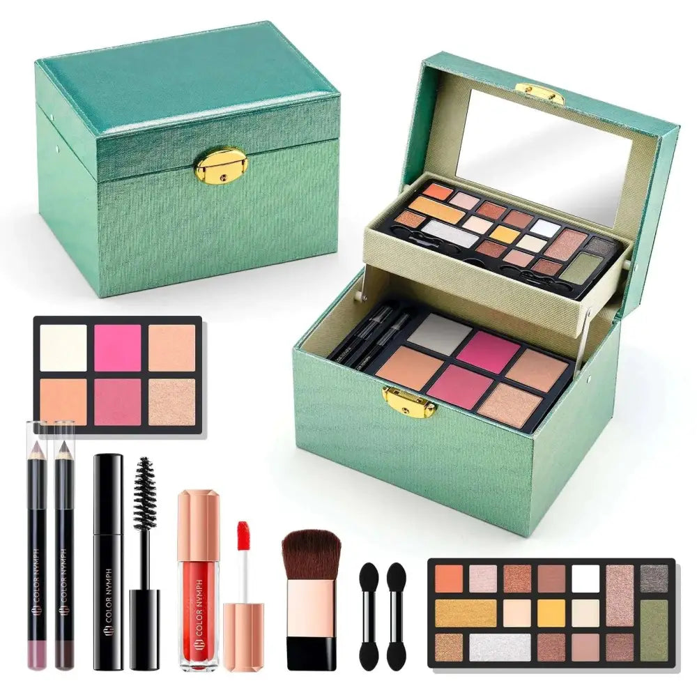 Teal textured beginner makeup kit with lockable case featuring gold-tone latches pcs lip gloss and eyeshadow palettes