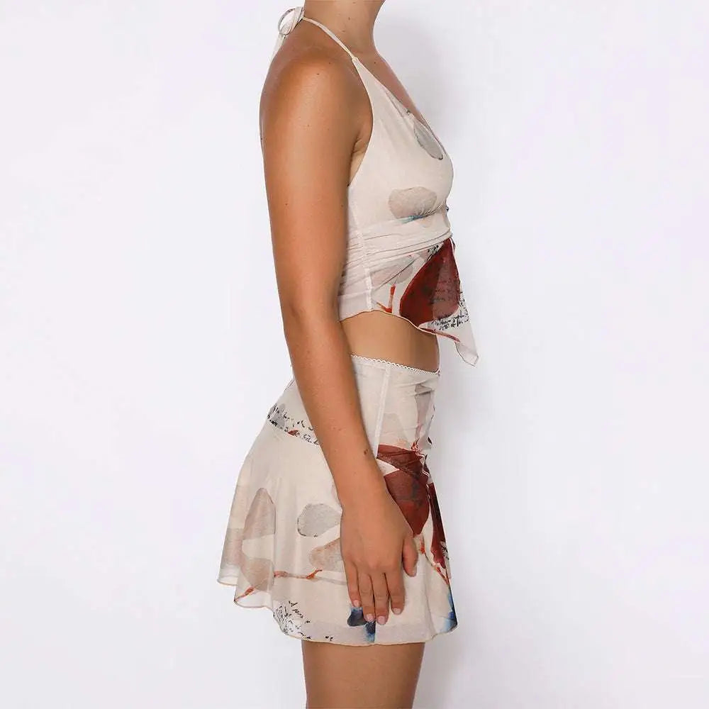 Beige 2pcs printed summer sexy halter crop top with subtle abstract reds and grays print in flowing fabric