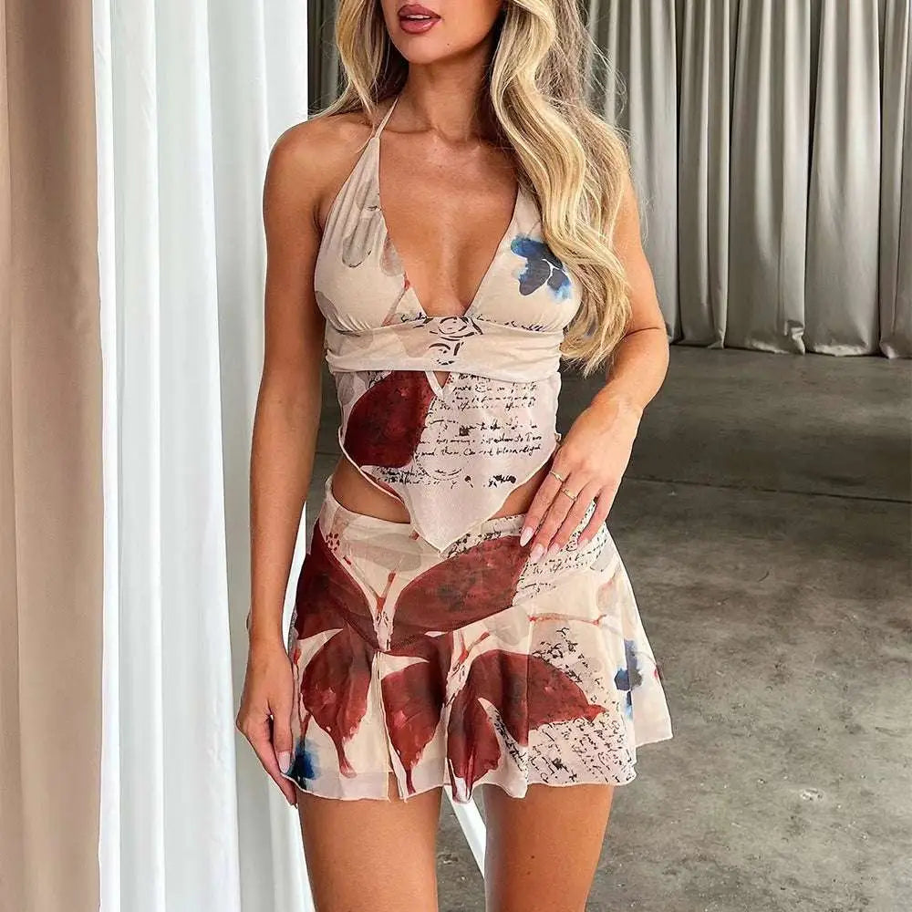 Beige 2pcs printed suit summer sexy halter romper with deep v-cut and abstract burgundy navy leaf script print