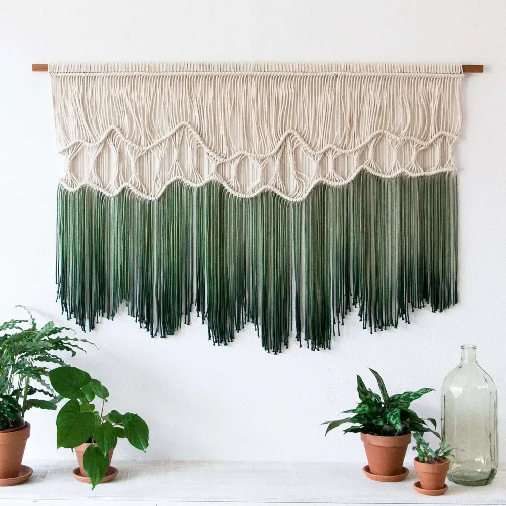 Beige and green tapestry dyeing handmade macrame wall hanging with gradient effect and intricate woven patterns