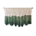 Beige and green gradient macrame wall hanging with scalloped pattern showcasing tapestry dyeing handmade craftsmanship