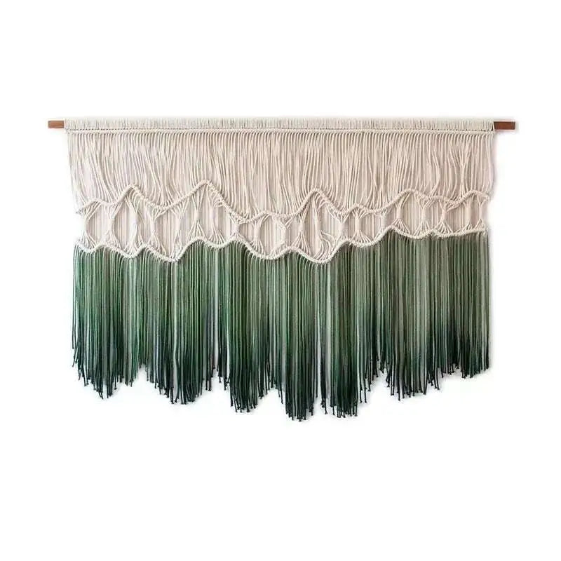 Beige and green gradient macrame wall hanging with scalloped pattern showcasing tapestry dyeing handmade craftsmanship