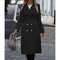 Black double breasted trench coat with silver buttons and matching belt for belt winter fashion outerwear