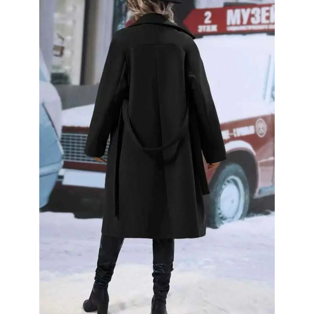 Black woolen trench coat with belted back and wide collar for beige double breasted belt winter fashion use