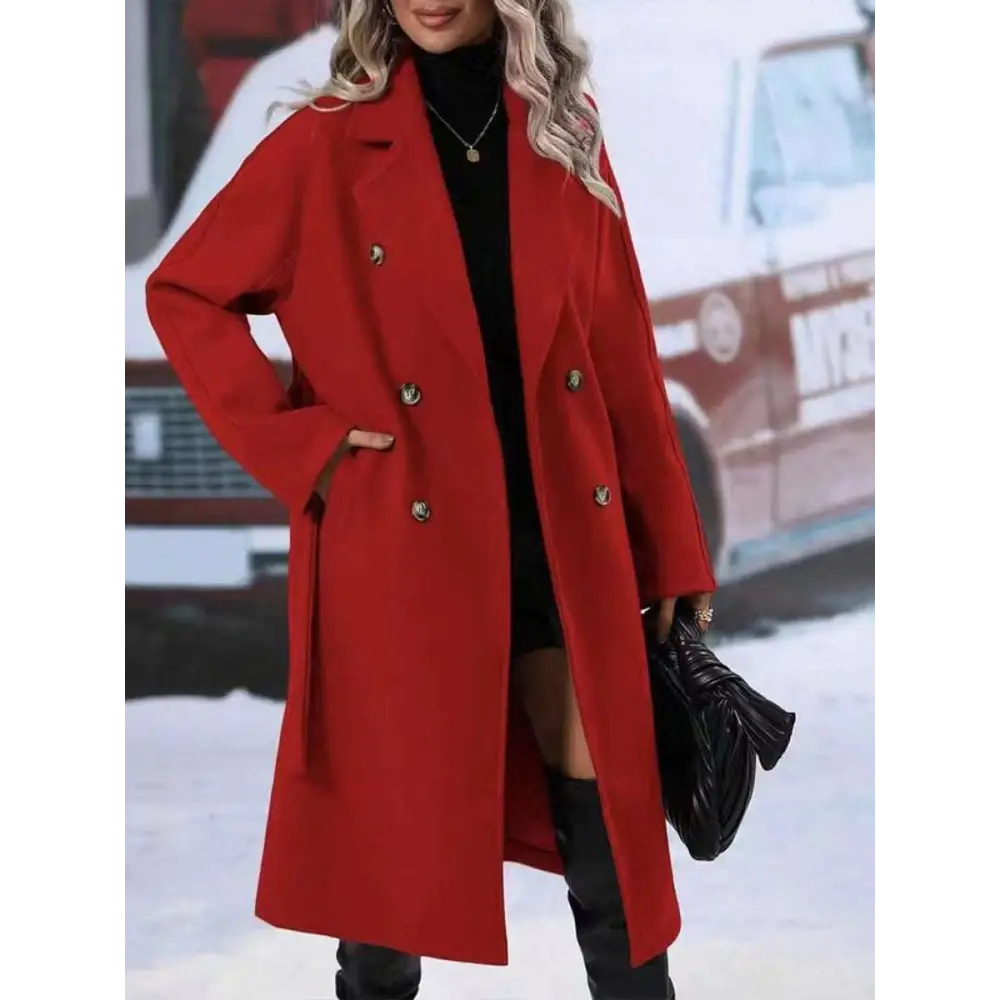 Beige double breasted trench coat with belted waist designed for belt winter fashion and stylish outerwear use