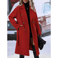 Vibrant red double breasted coat with gold toned buttons and classic tailored design contrasting beige double breasted trench coat belt winter fashion