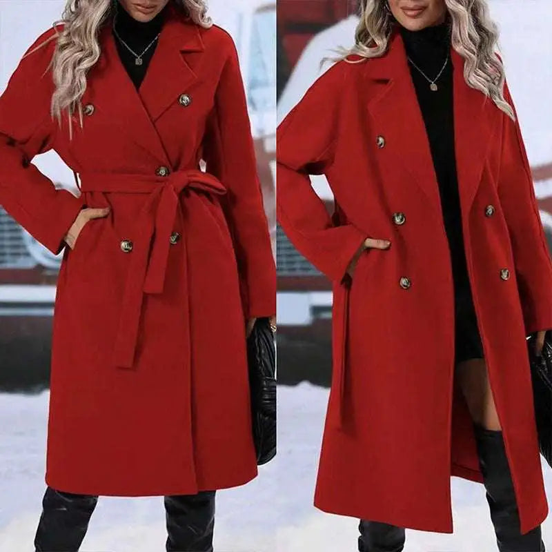 Vibrant red double breasted trench coat with gold toned buttons and matching belt for belt winter fashion