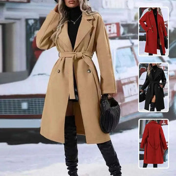 Beige double breasted trench coat with belted waist designed for belt winter fashion and stylish outerwear use