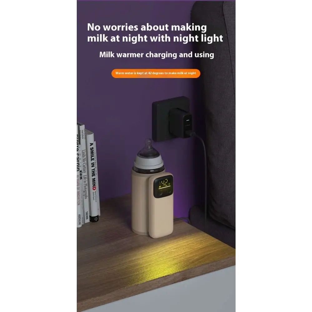 Beige electric baby bottle insulation cover with digital display and baby bottle attachment 18w fast charge