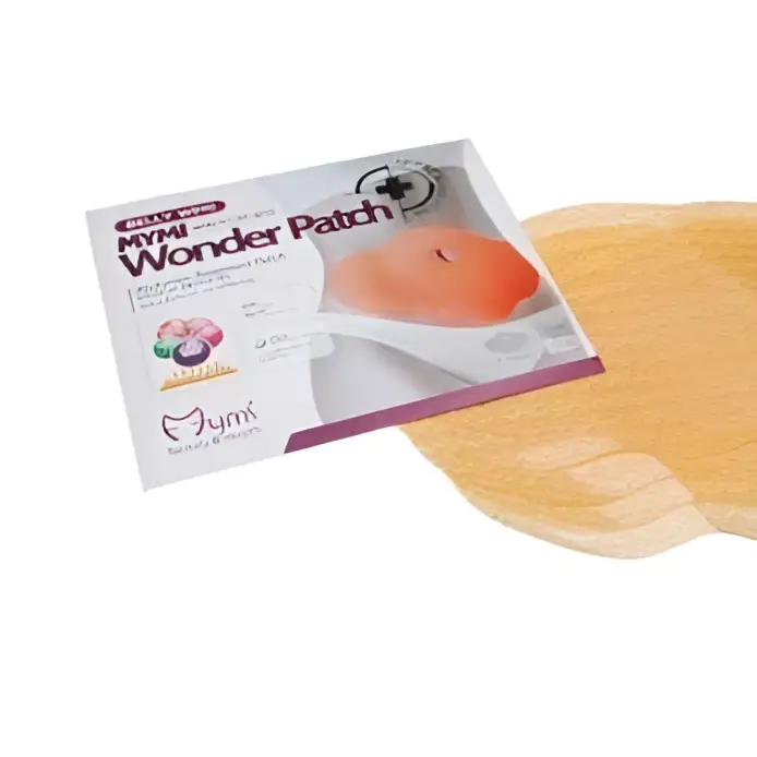 Orange circular metal wonder patch on beige fabric body wrap patch packaging for royale essence lux waist slimming