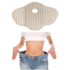 Beige fabric body wrap patch with heat therapy pad and circular cutout featuring mom pattern for waist slimming royale essence lux
