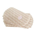 Beige fabric body wrap patch with brown yuh logo pattern on paper cupcake liners for royale essence lux waist slimming