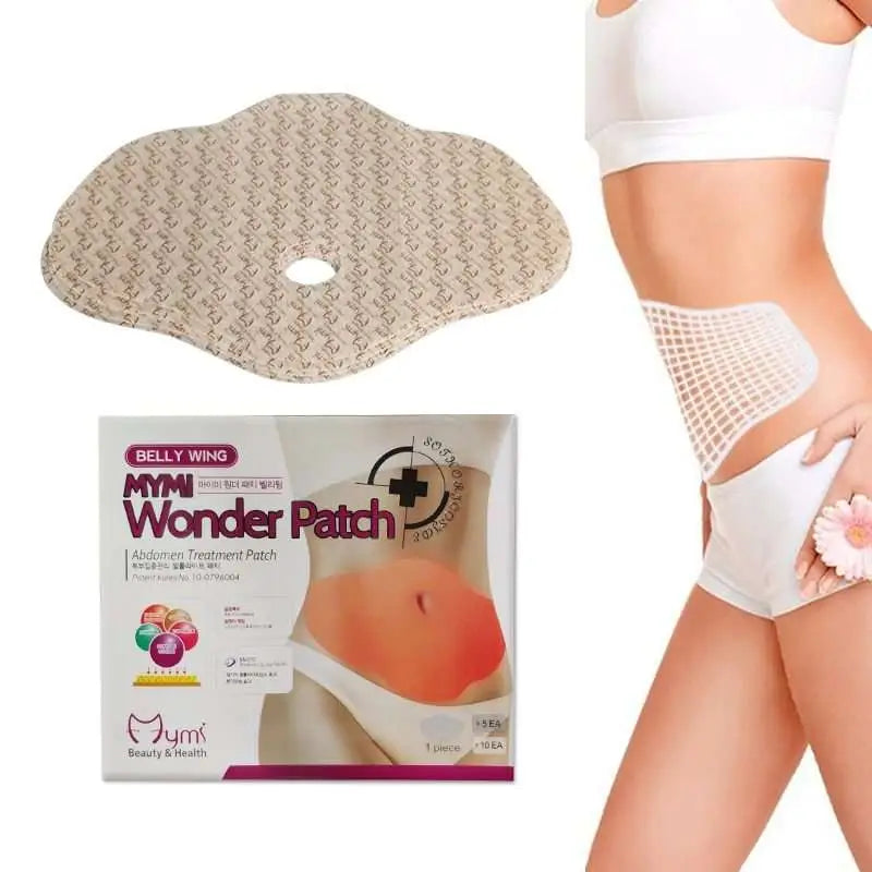 Beige fabric body wrap patch with central cutout for abdomen treatment designed for waist slimming by royale essence lux