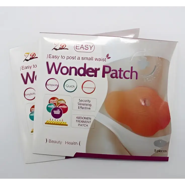 The beige fabric body wrap patch is a white and orange adhesive waist slimming slim body wrap for easy application