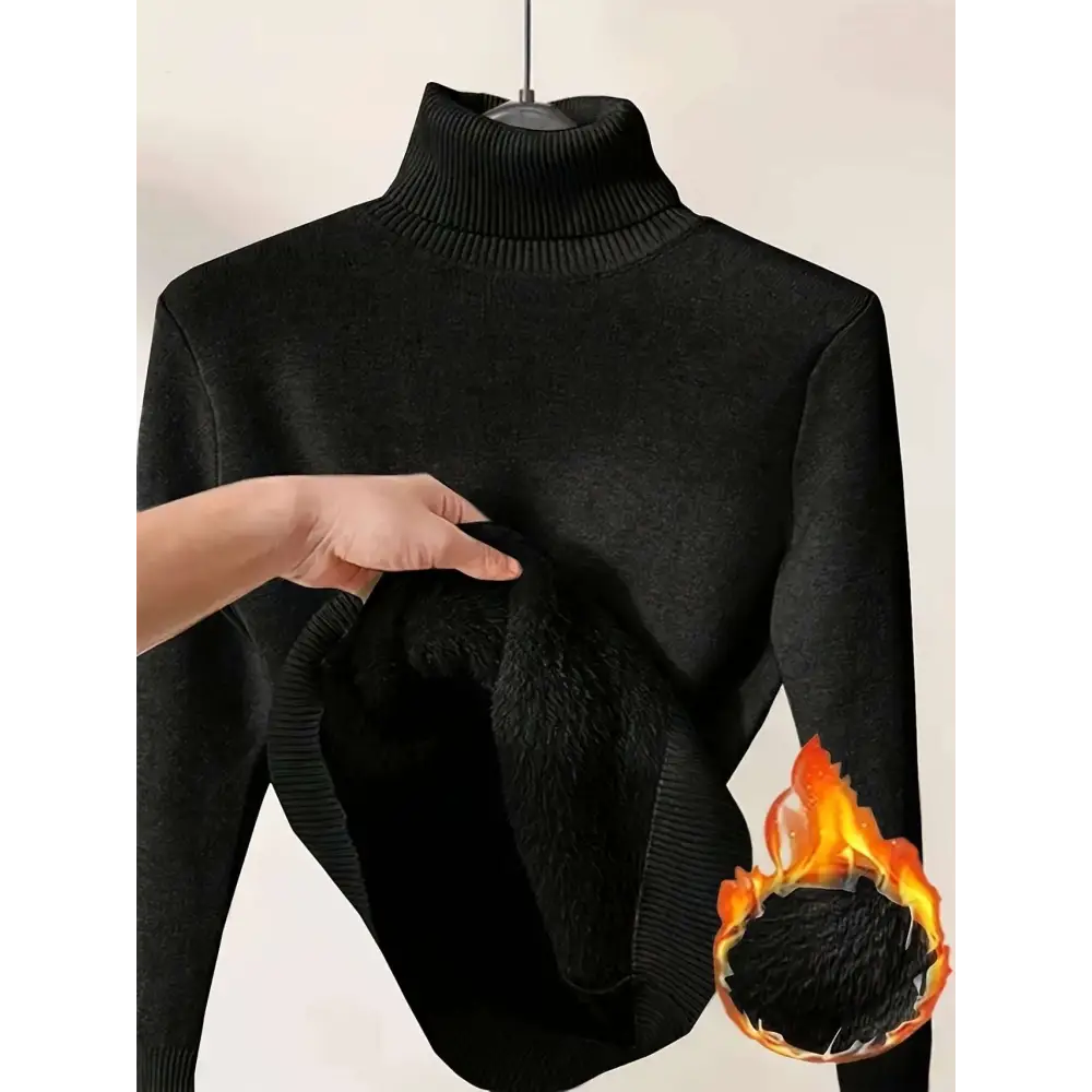 Black ribbed fleece turtle neck sweater winter pullover with plush fleece lining for cold weather use