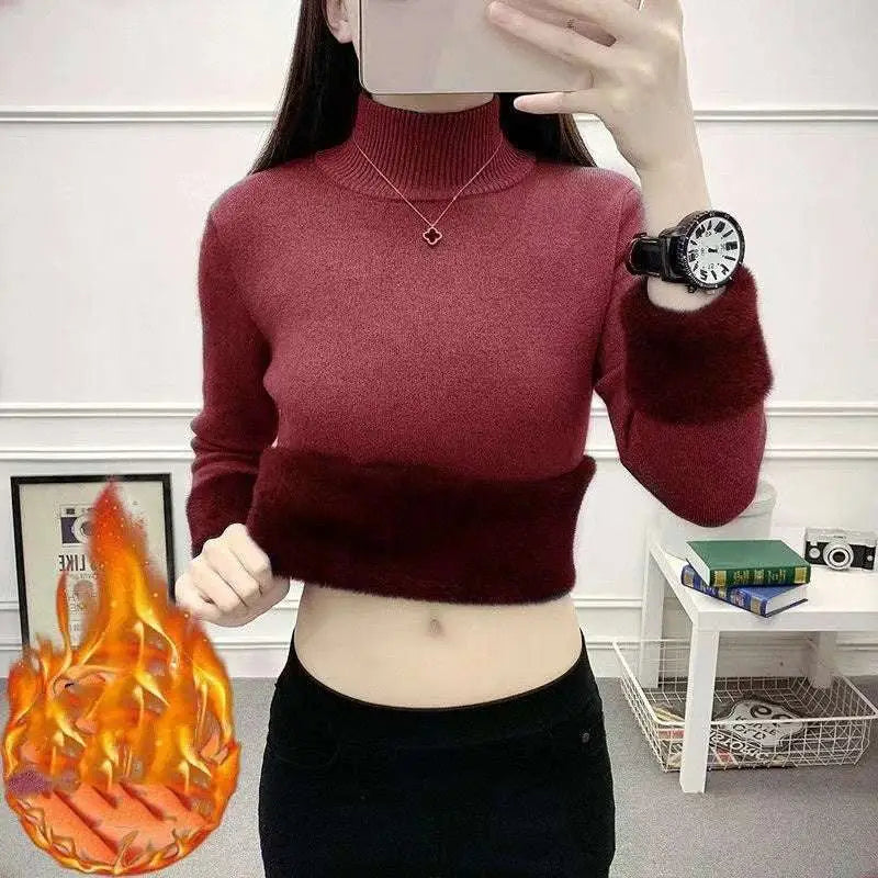 Beige fleece turtle neck winter pullover with cozy two-tone maroon fuzzy turtleneck sweater and long sleeves