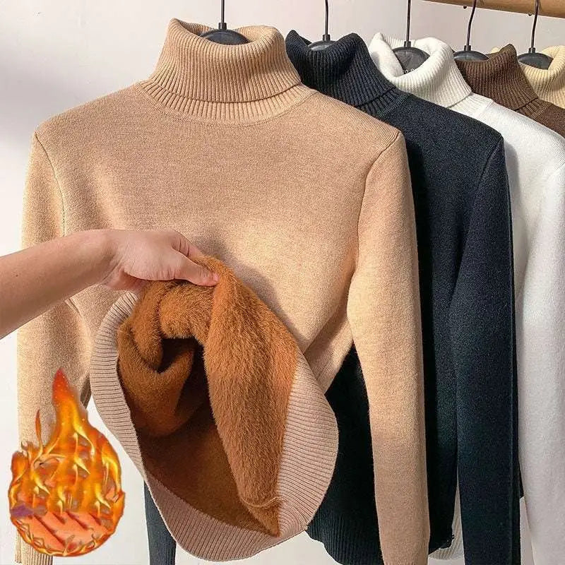 Beige fleece turtle neck sweater with plush warm inner lining designed as a neck sweater winter pullover showing