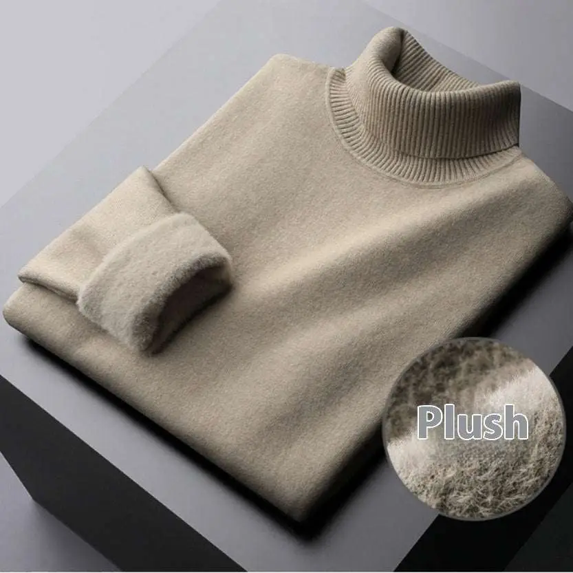 Beige fleece turtle neck sweater with plush soft interior lining winter pullover for warmth and comfort