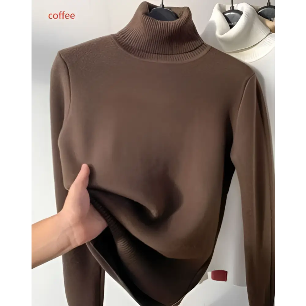 Beige fleece turtle neck sweater winter pullover in coffee color with soft ribbed knit texture for cold weather use