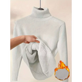 Beige fleece turtle neck winter pullover sweater with soft light gray plush fleece lining for warmth and comfort