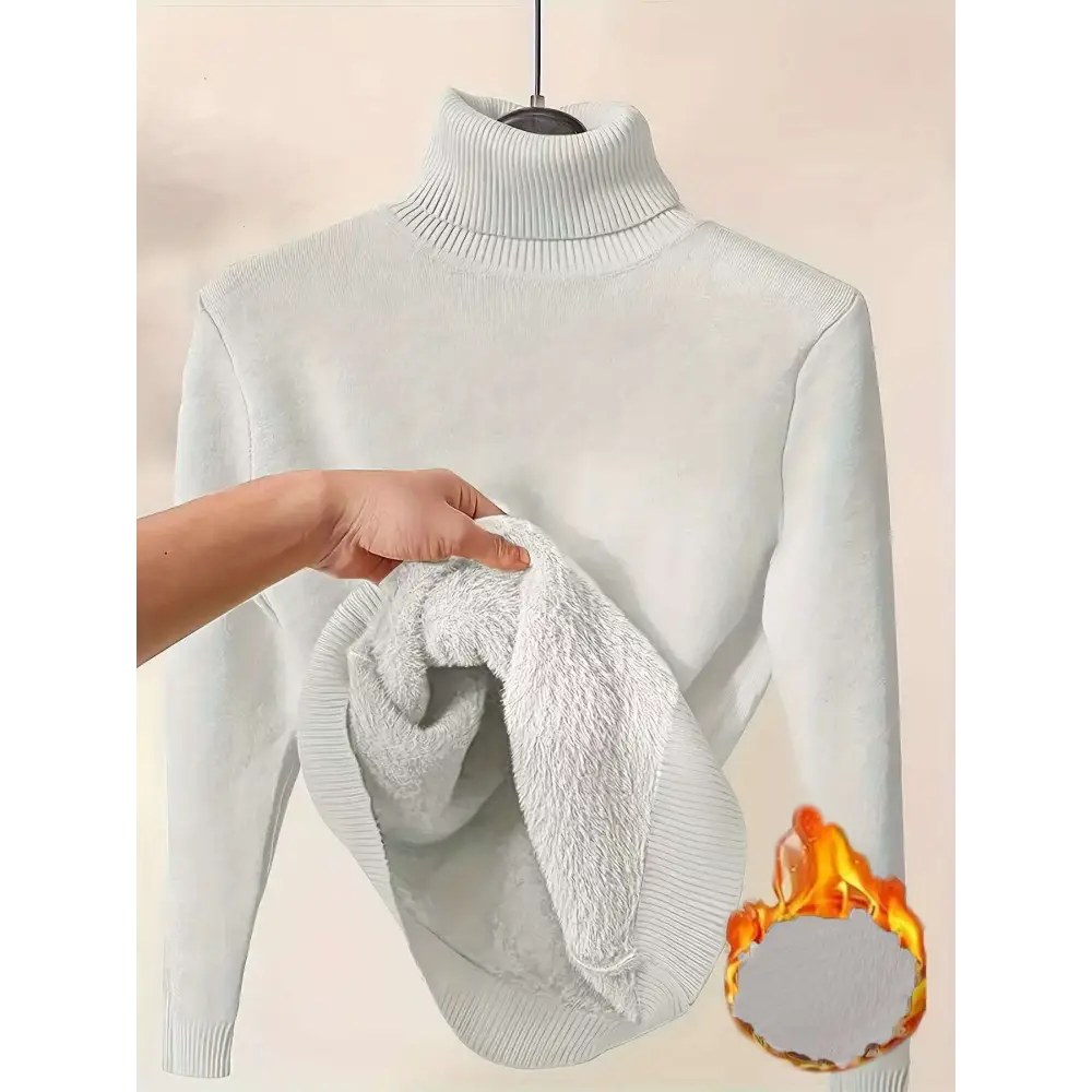 Beige fleece turtle neck winter pullover sweater with soft light gray plush fleece lining for warmth and comfort