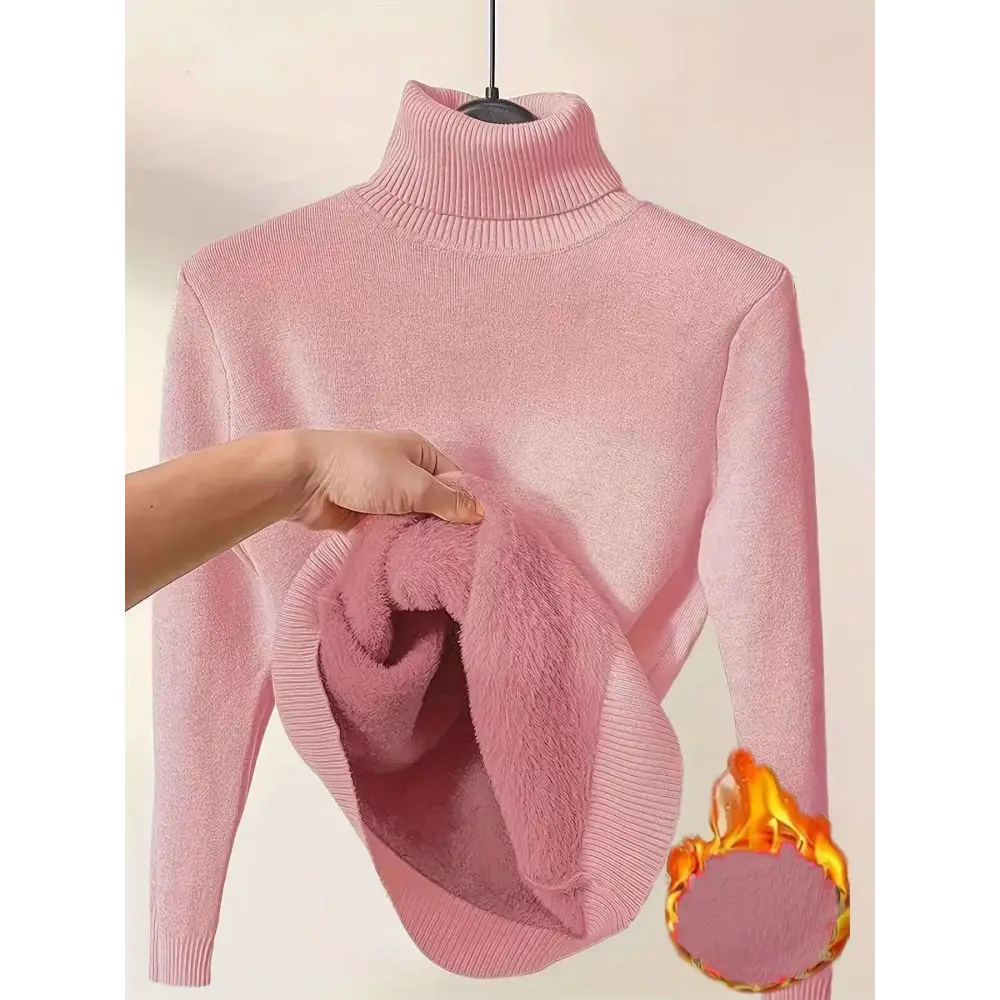 Beige fleece turtle neck sweater winter pullover with soft fuzzy inner lining for warmth and comfort