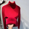 Vibrant red fleece turtle neck sweater winter pullover with plush fuzzy lining on the cuffs for added warmth
