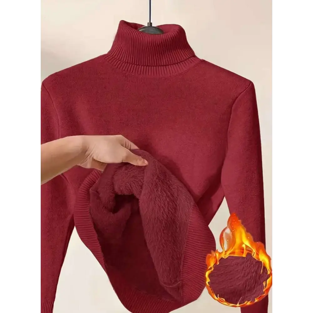 A plush deep red fleece turtle neck sweater with a soft fleece-lined interior perfect as a neck sweater winter pullover