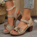 Beige floral flowers chunky heel sandals with woven texture platform and brown block heel for stylish wear