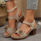 Beige floral flowers chunky heel sandals with woven texture platform and brown block heel for stylish wear
