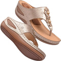 Beige floral large gold-toned leather massage sandals with floral embellishments and cushioned sole for comfort