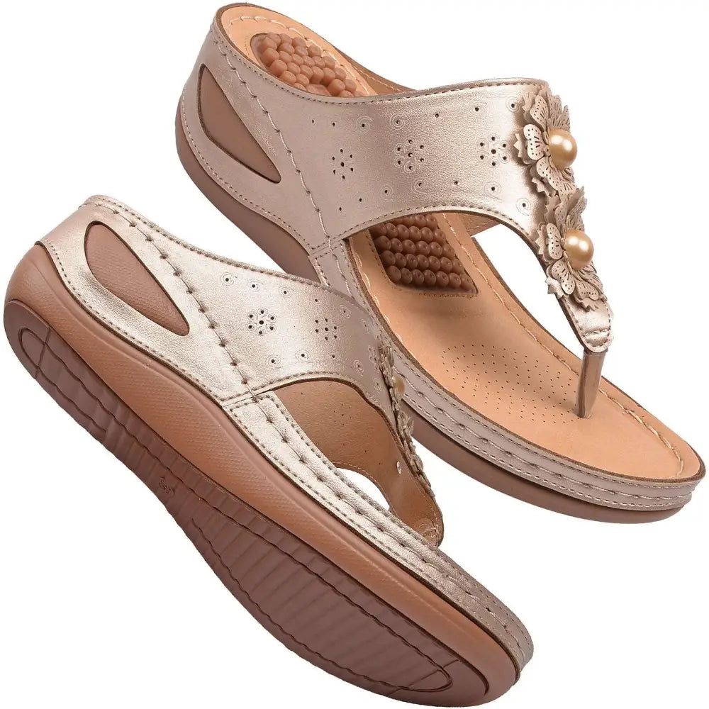 Beige floral large gold-toned leather massage sandals with floral embellishments and cushioned sole for comfort