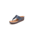 Blue leather flip-flop massage sandals with floral embellishments and perforated detailing for beige floral large use