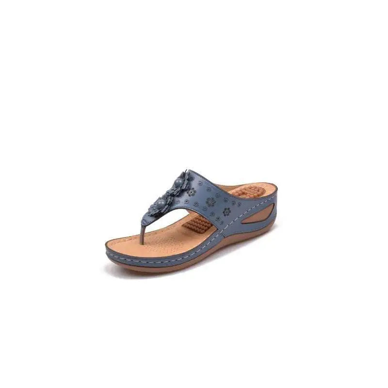 Blue leather flip-flop massage sandals with floral embellishments and perforated detailing for beige floral large use