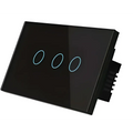 Beige glass smart voice control touch switch with black glass panel and three illuminated blue circular control touch buttons