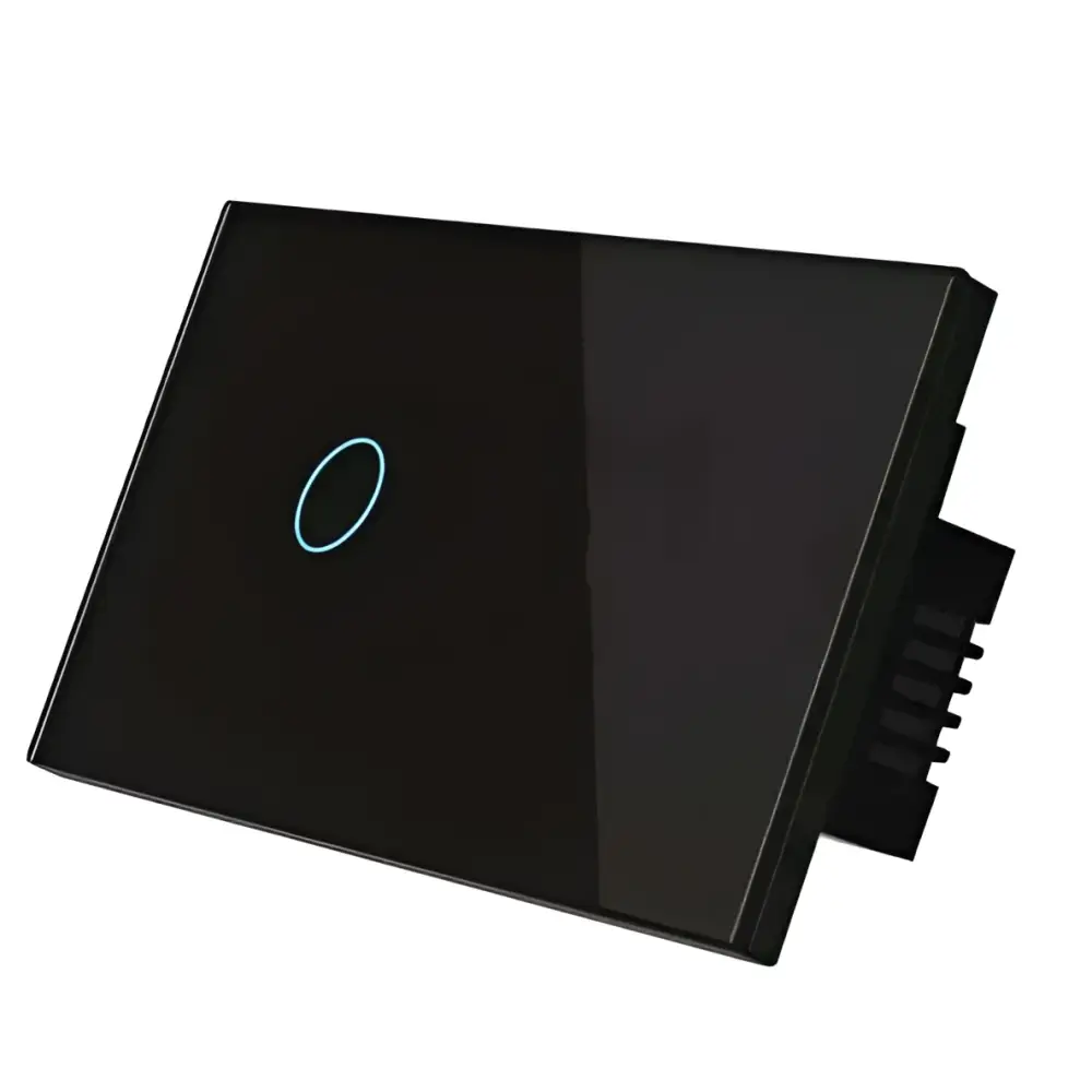 Black glass control touch switch with glowing blue button for beige glass smart voice control use